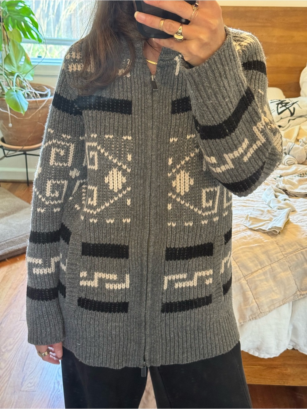 Pendleton Gray & Cream Geometric Zip-Up Shawl Collar Sweater - Picture 4 of 4